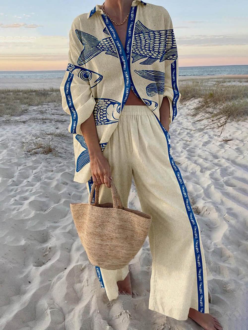 Maddy | Island Style Ocean Print Oversized Shirt and Elastic Waist Pocket Pants Set
