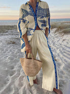 Maddy | Island Style Ocean Print Oversized Shirt and Elastic Waist Pocket Pants Set