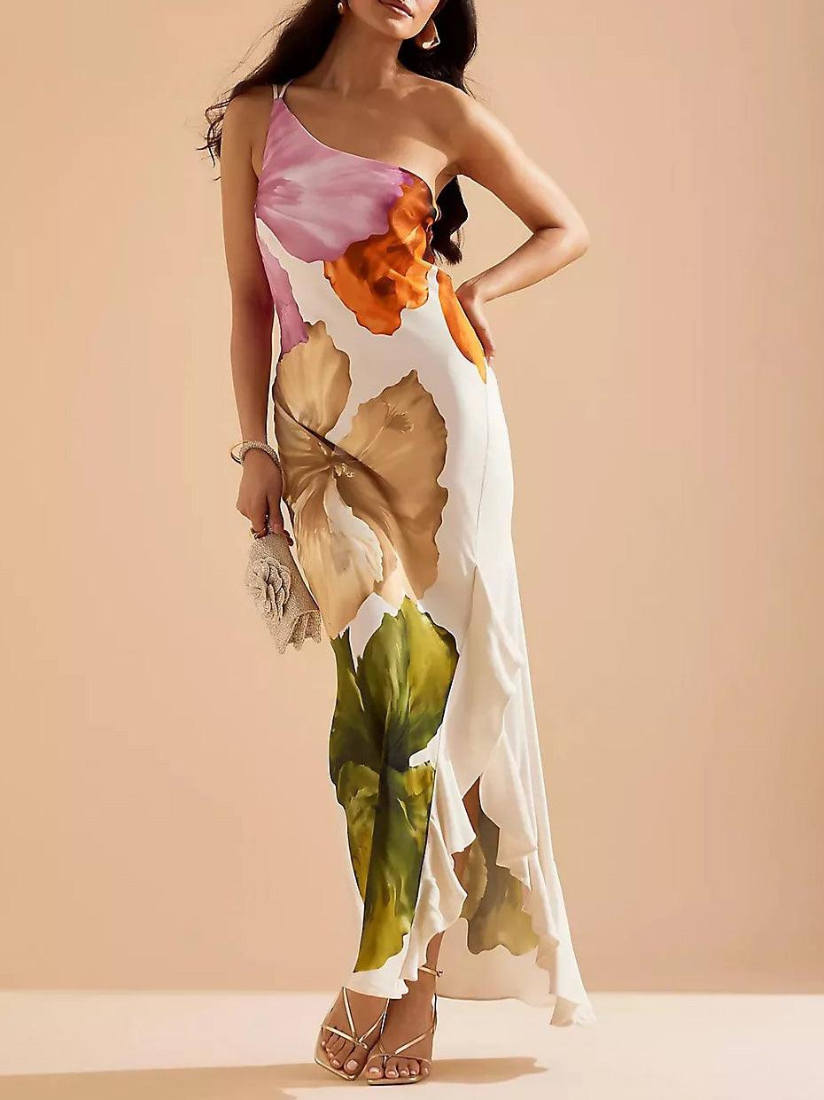 Gladys | Resort Vibes Elegant Floral Print One-Shoulder Maxi Dress
