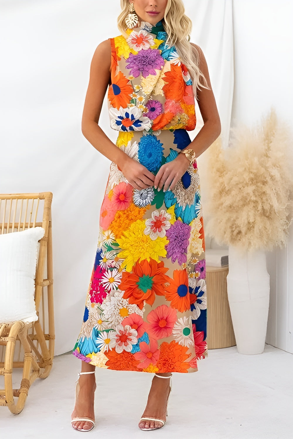 Flor | Summer | Sleeveless Tie Neck Waisted Floral Print Maxi Dress