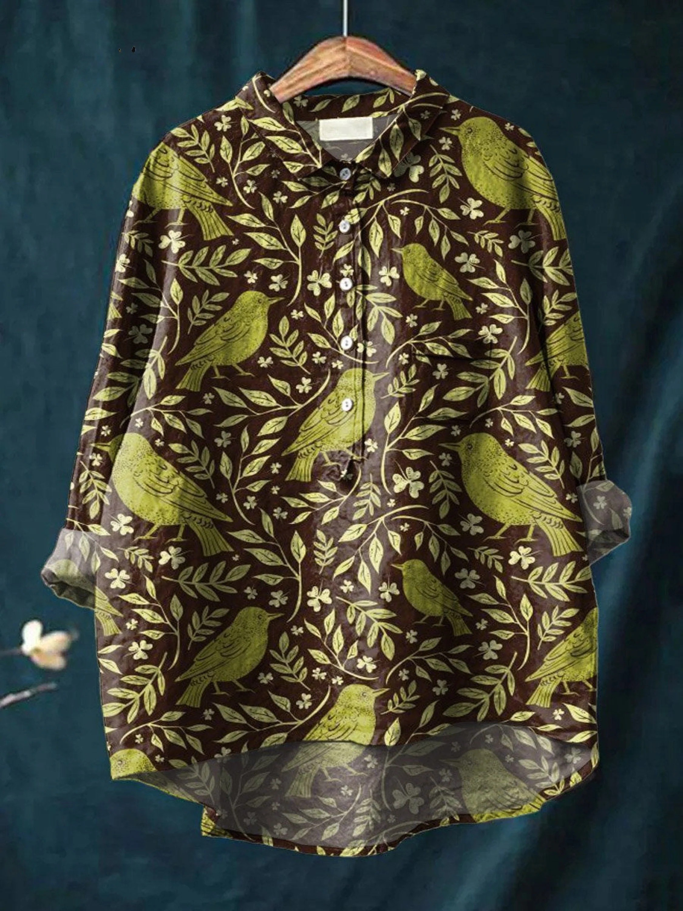 Lety | Women's Vintage Floral Birds Art Print Casual Shirt