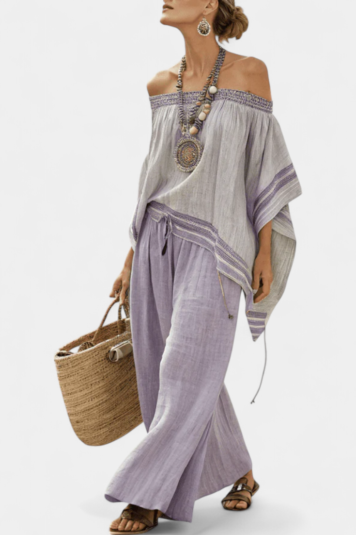 Anahi | Elegant Off-Shoulder Top & Wide-Leg Striped Pants