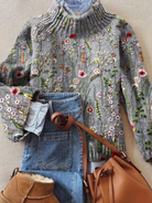 Aracely | Vintage Lovely Floral Art Print Knit Turtleneck Pullover Sweater