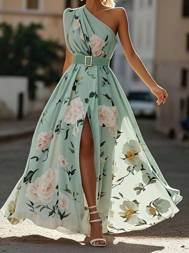 Priyanka | Light Green Floral Chiffon One-Shoulder Maxi Dress