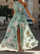 Priyanka | Light Green Floral Chiffon One-Shoulder Maxi Dress