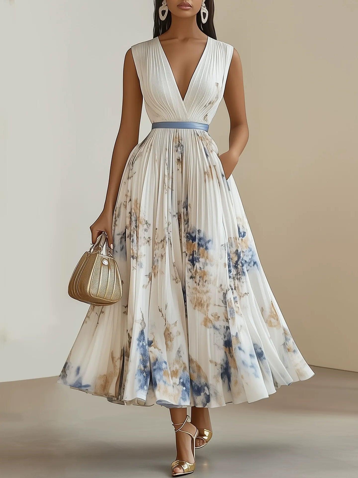 Kaitlin | White Floral Chiffon V-Neck Pleated Midi Dress
