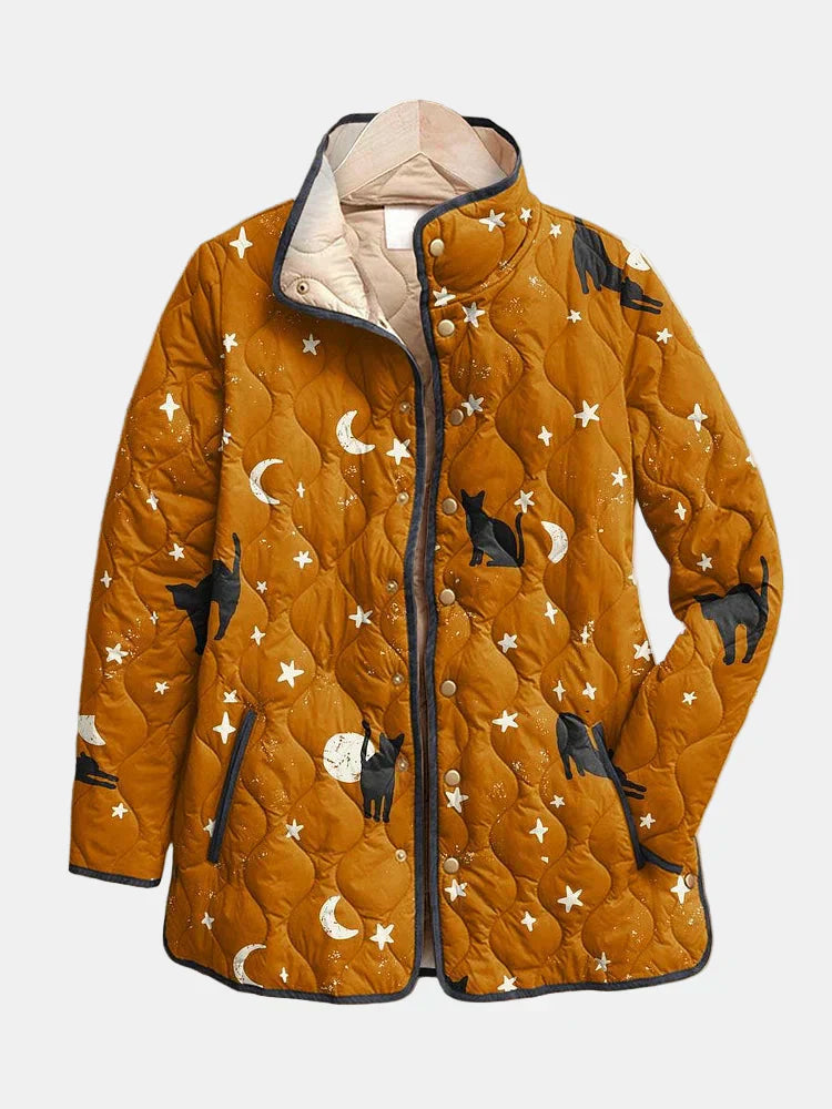Debi | Casual Black Cat Halloween Print Quilted Jacket