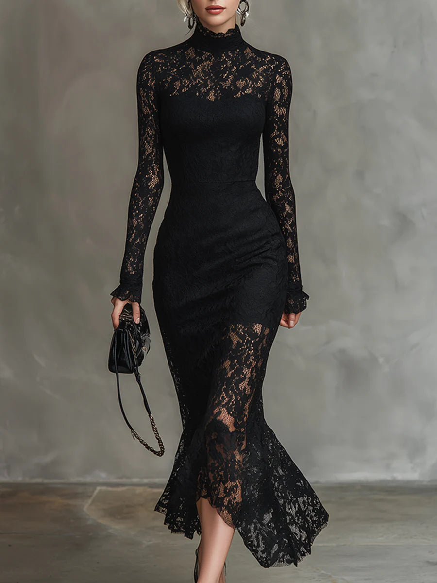 Bernie | Elegant Black Stretchy Lace Fishtail Maxi Dress