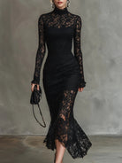 Bernie | Elegant Black Stretchy Lace Fishtail Maxi Dress
