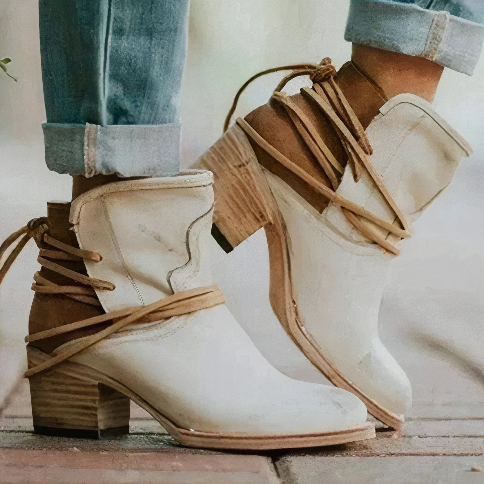Asha | Ankle Boots – Leather – Western Style – Block Heel – Wrapped Lacing Detail