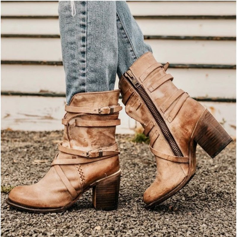 Lissette | Leather Ankle Boots - Slouchy Distressed Design - Buckle Straps - Block Heel