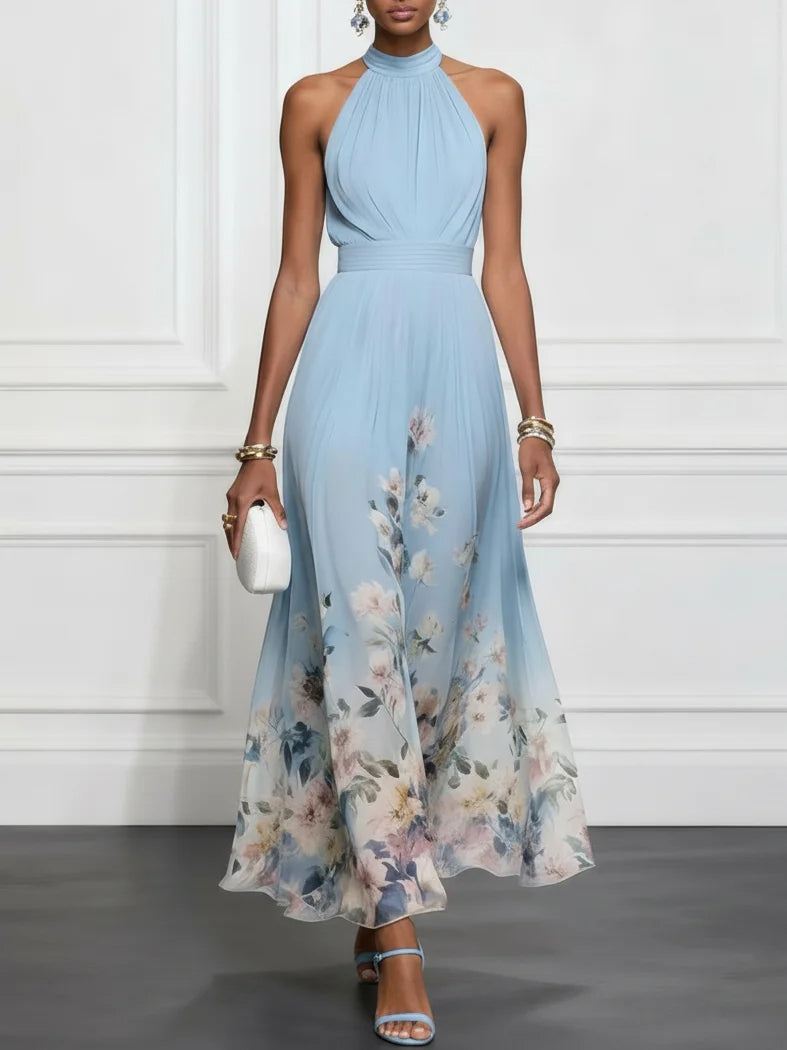Georgia | Blue Floral Chiffon Halter Maxi Dress