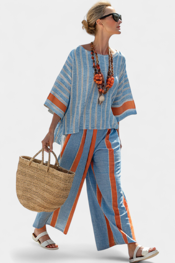 Olga | Sophisticated Terracotta Striped Top & Linen Pants