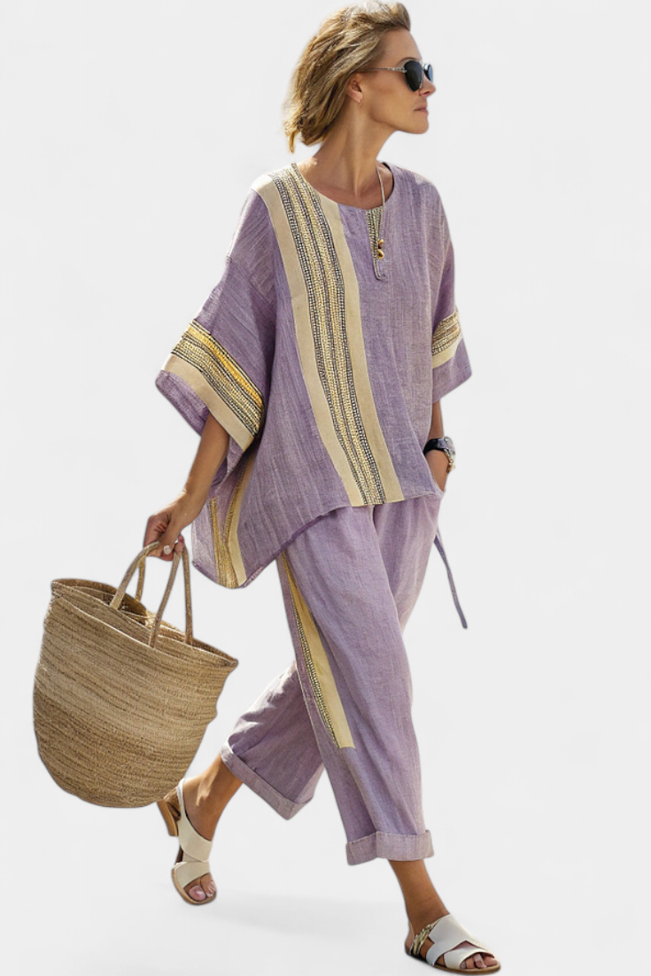 Pamela | Elegant Lavender Top & Mustard Striped Pants