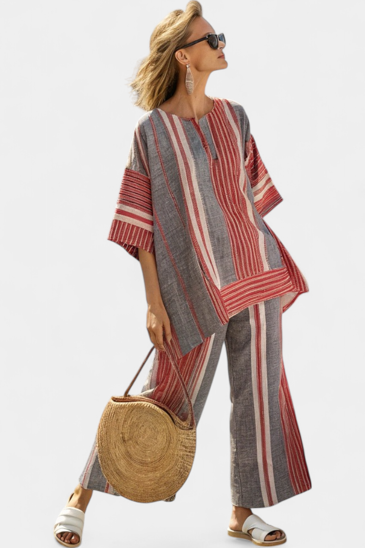 Noelia | Elegant Coral-Gray Linen Top & Wide-Leg Pants