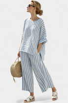 Geraldine | Sophisticated Blue Striped Linen Top & Relaxed Pants