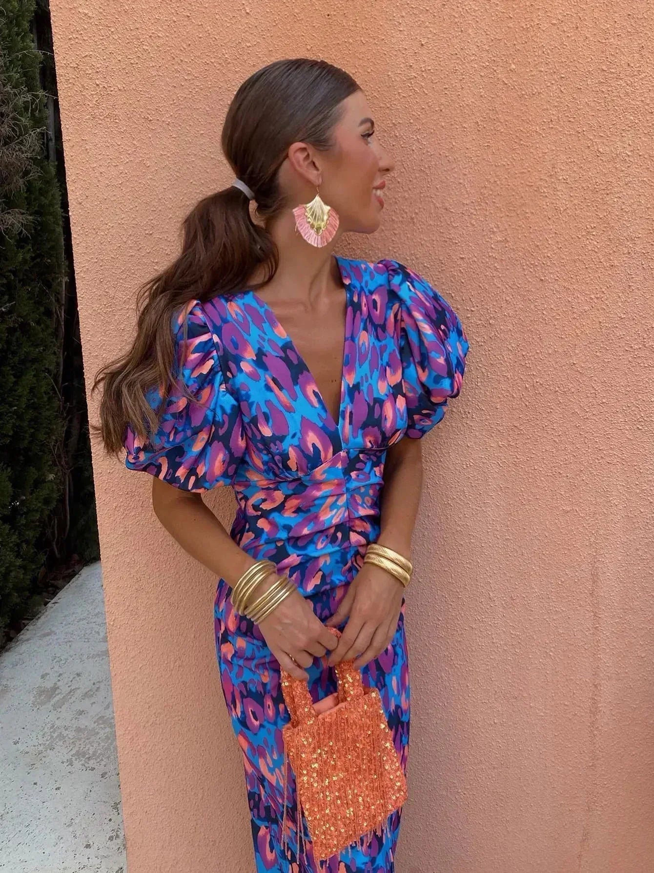 Debra | Vibrant Midi Dress with Puff Sleeves