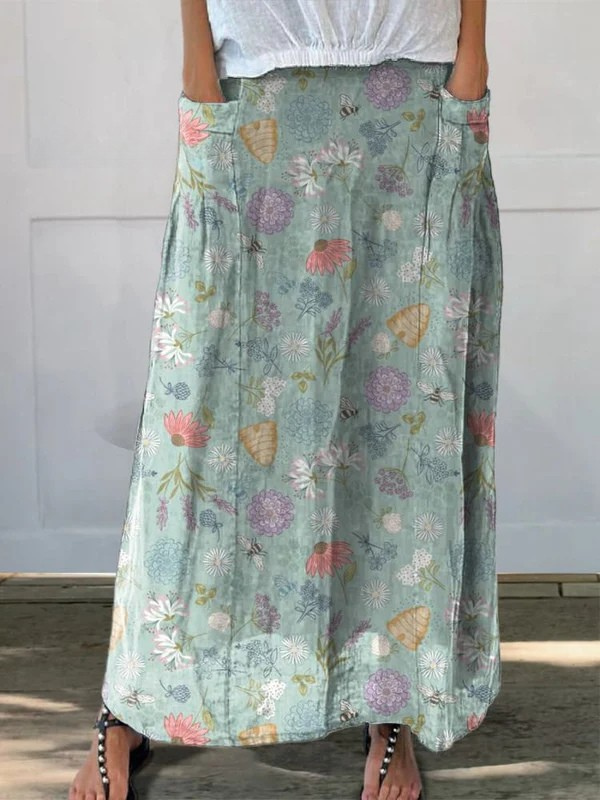Azucena | Spring Floral and Bumble Bee Pattern Printed Women's Linen Pocket Skirt