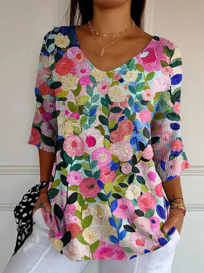 Flor | Colorful Spring Floral Garden Printed Women's Casual Pullover Knit