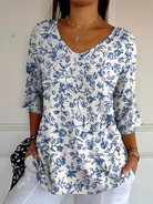 Rosy | Small Blue Flowers Print Casual Pullover Knit