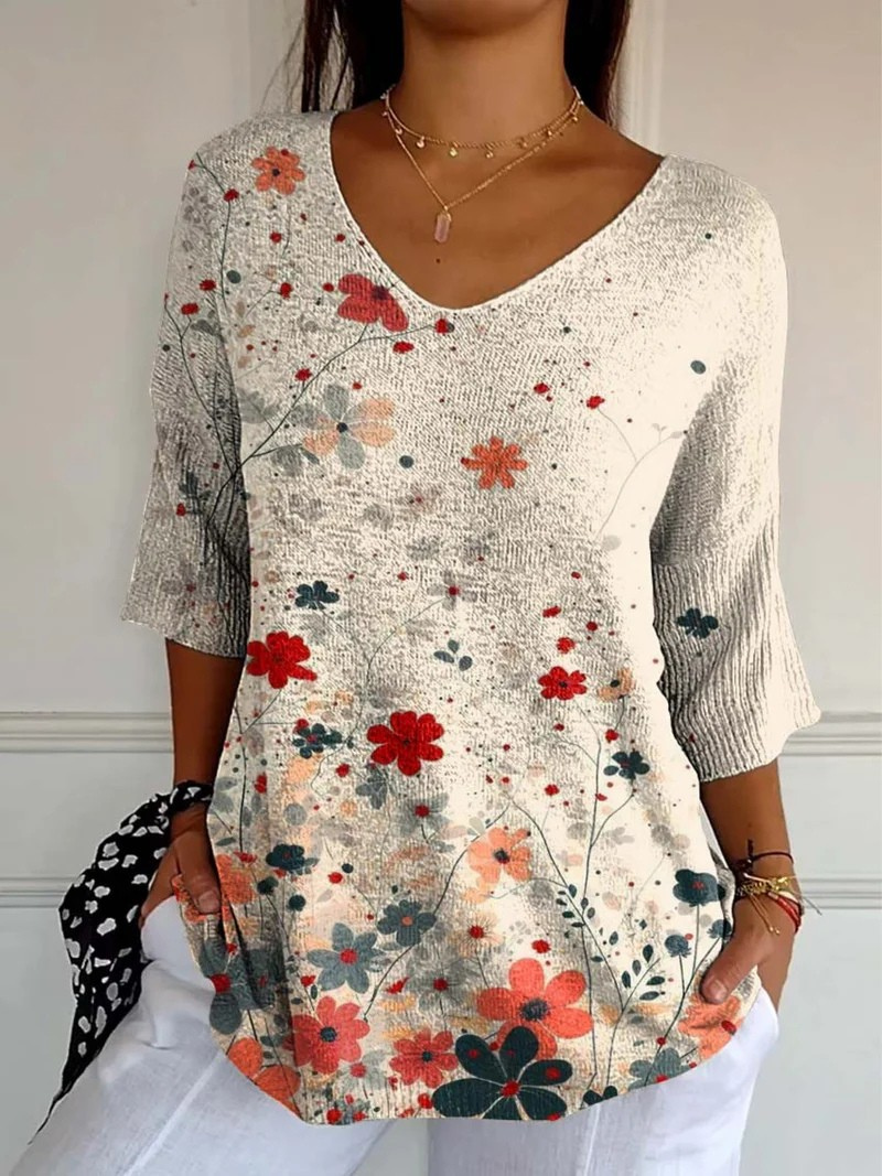 Rina | Vintage Floral Pattern Art Print Casual Knit Pullover