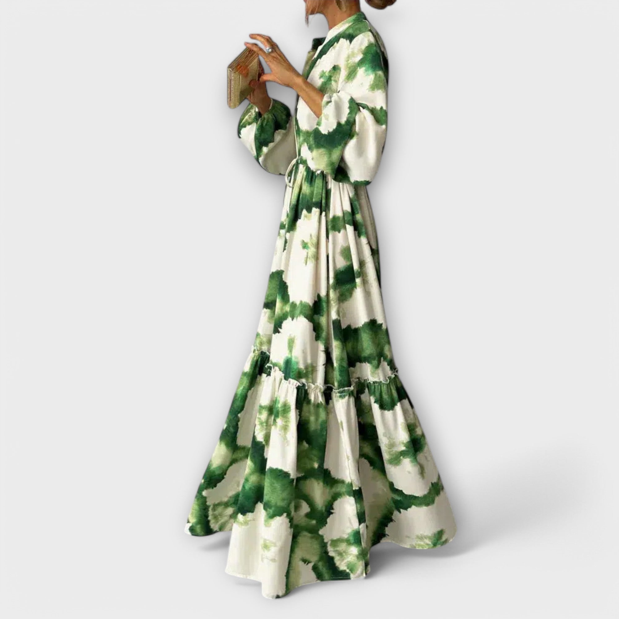 Elvia | Green Maxi Dress with Long Sleeves and V-Neck