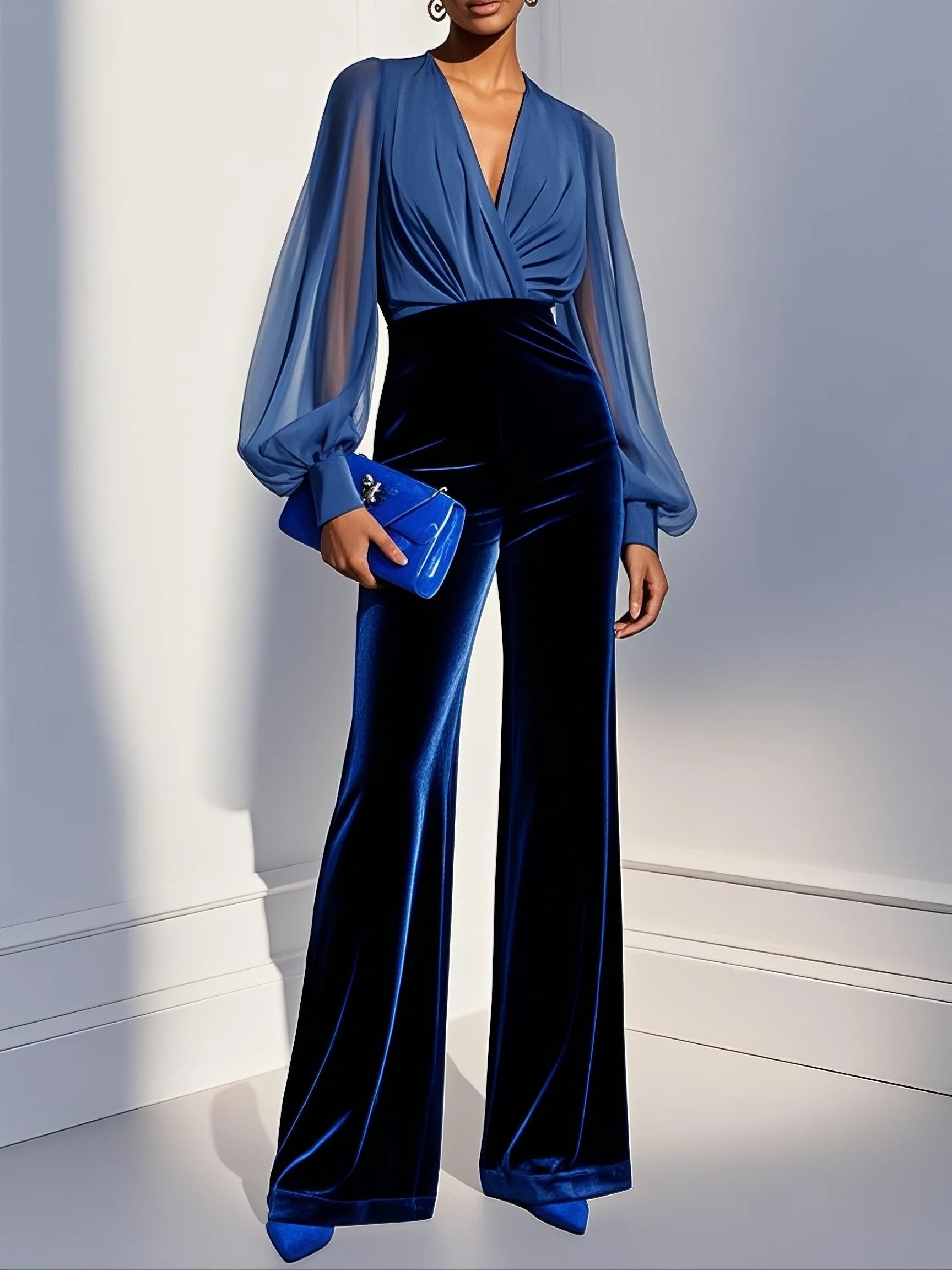 Veronica | Blue Mesh V-Neck Long Sleeve Velvet Jumpsuit