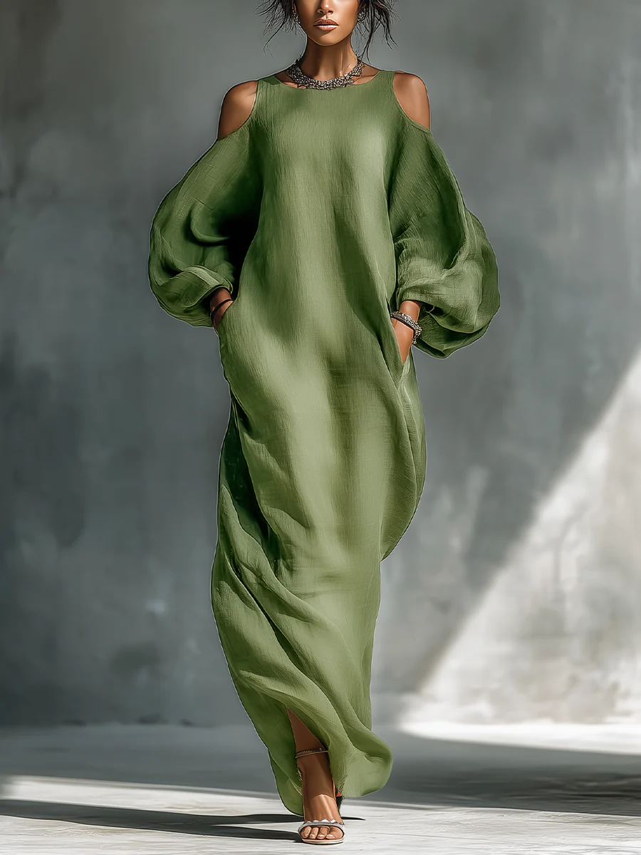 Shelly | Green Off-Shoulder Puff Sleeve Maxi Dress