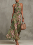 Abby | Green Floral Chiffon Halter Maxi Dress