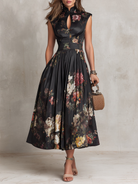 Nicki | Black Floral Satin Pleated Midi Dress