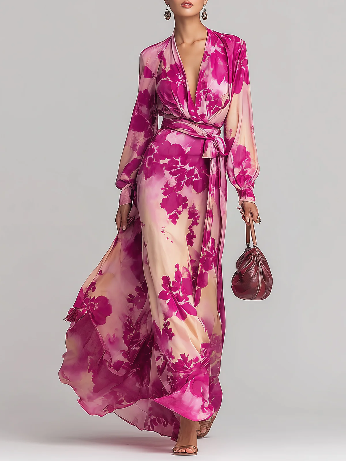 Adrianna | Rose Floral V-Neck Belted Maxi Dress