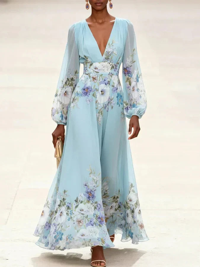 Barb | Light Blue Floral Chiffon V-Neck Maxi Dress