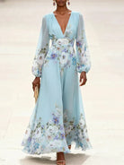 Barb | Light Blue Floral Chiffon V-Neck Maxi Dress