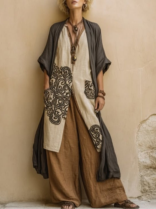 Phyllis | Dark Gray & Brown Tribal Print Three-Piece Set
