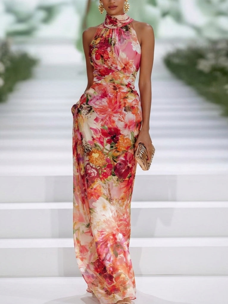 Monika | Red Chiffon Floral Sleeveless Maxi Dress