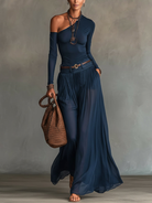 Sheena | Navy One-Shoulder Top and Skirt Two-Piece Set (+ Free Belt)