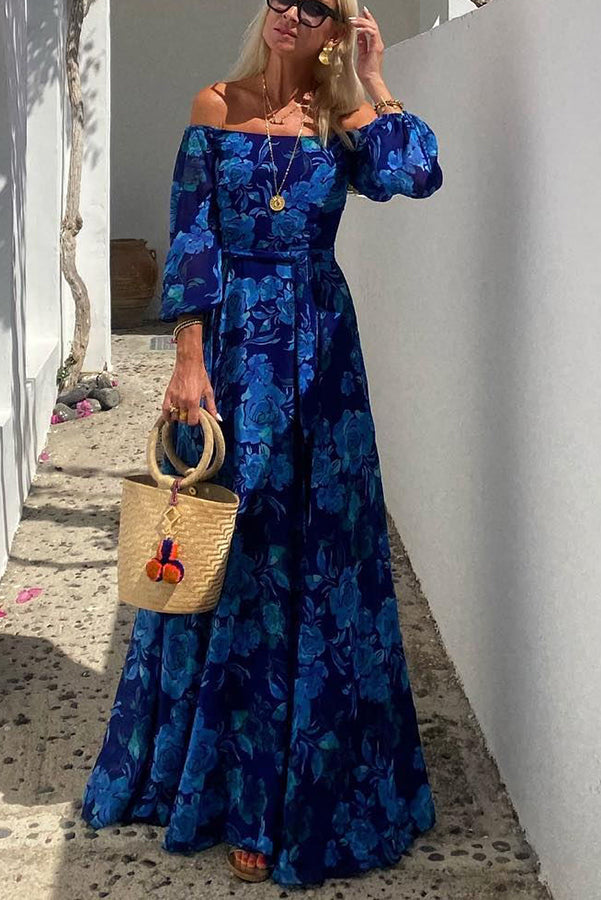 Gladis | Long Floral Print Dress with Off-the-Shoulder Sleeves