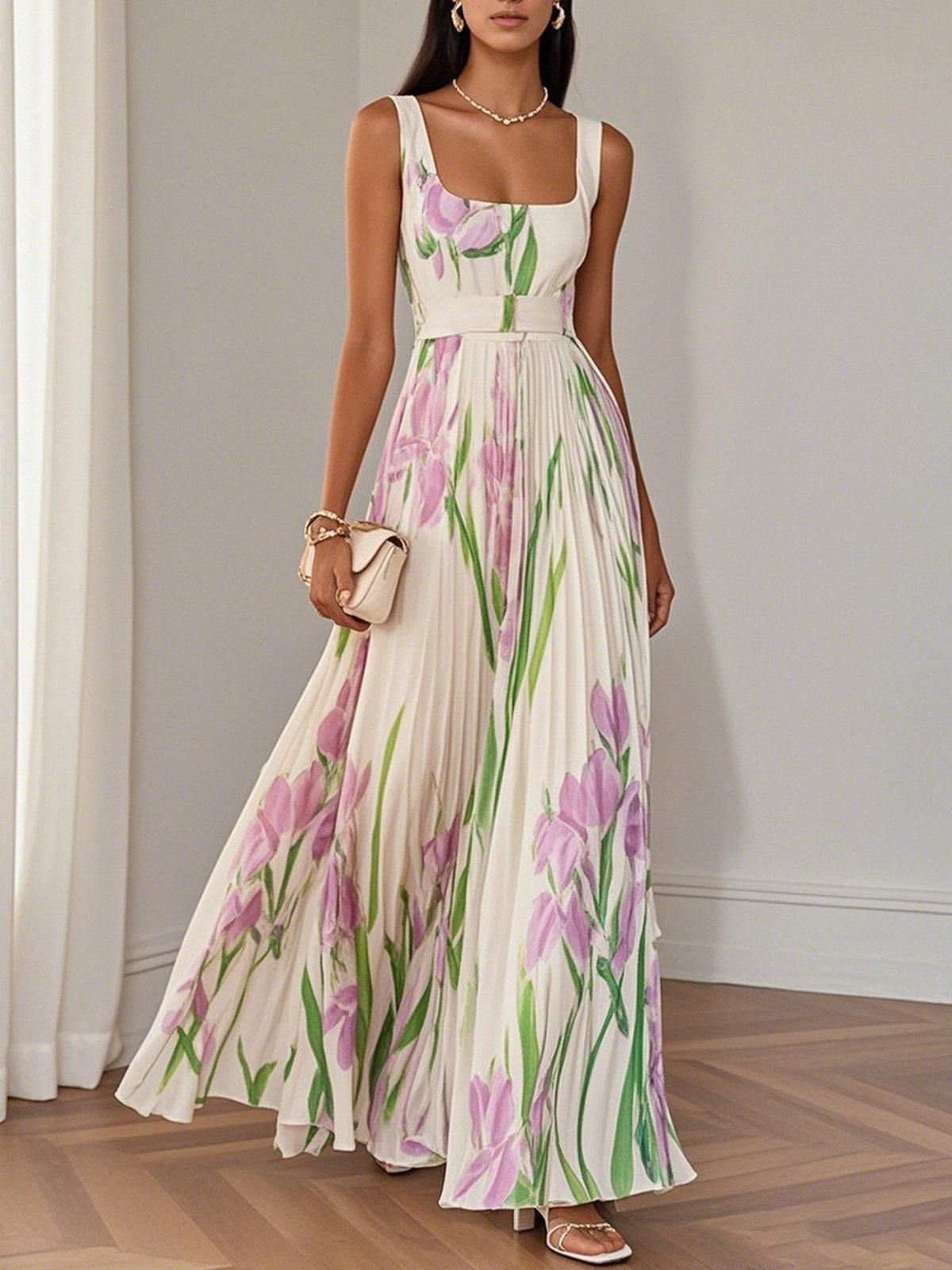 Iris | White Pleated Floral Chiffon Maxi Dress