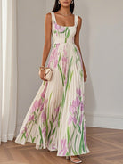 Iris | White Pleated Floral Chiffon Maxi Dress