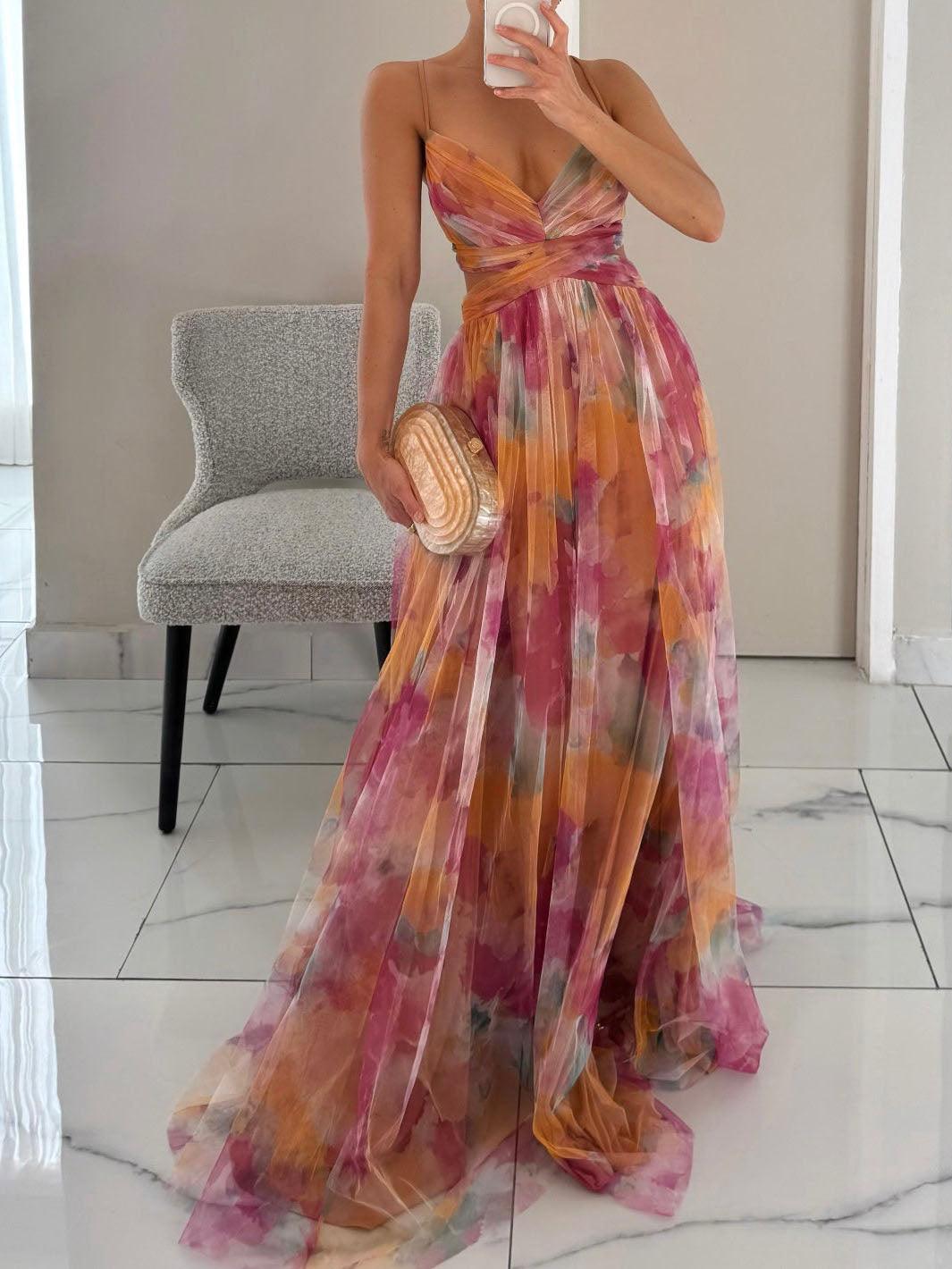 Sonia | Painted Floral Print V-Neck Maxi Dress