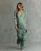 Sheila | Elegant Midi Dress with Fringe Sleeves