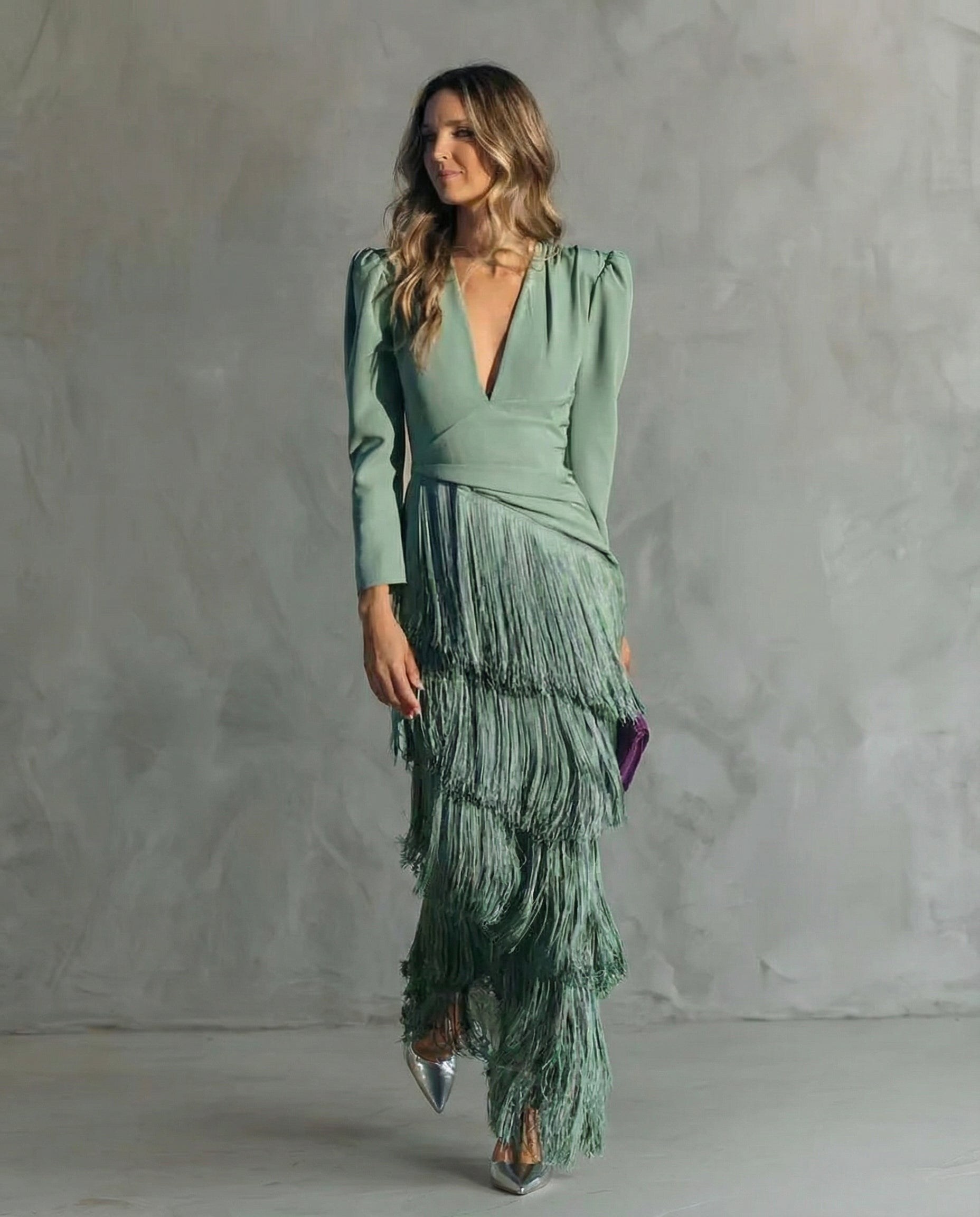 Sheila | Elegant Midi Dress with Fringe Sleeves