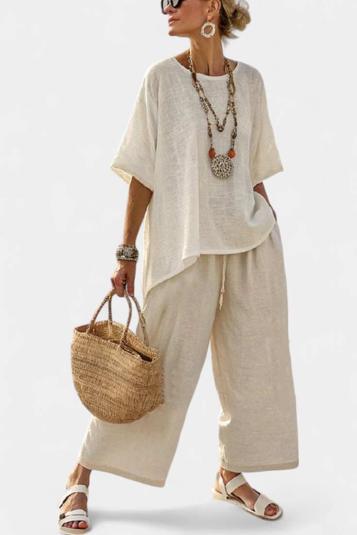 Cheryl | Comfortable Minimalist Raw Blouse & Wide-Leg Pants