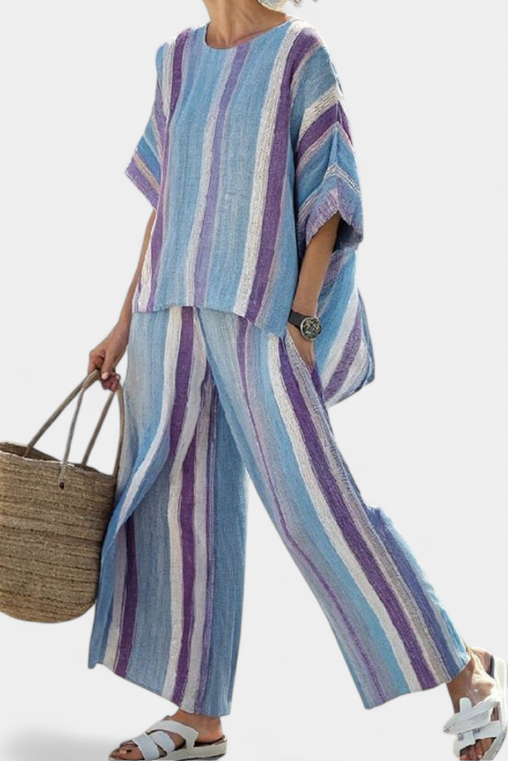 Alisha | Elegant Mauve Pastel Top & Striped Linen Pants