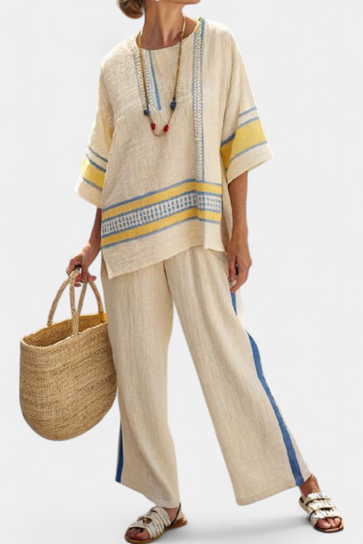 Pearl | Comfortable Blue-Yellow Mediterranean Top & Linen Pants