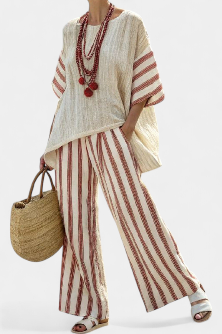 Angelique | Elegant Rustic Striped Top & Cream Linen Pants