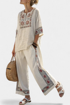 Betty | Sophisticated Embroidered Raw Blouse & Wide Pants