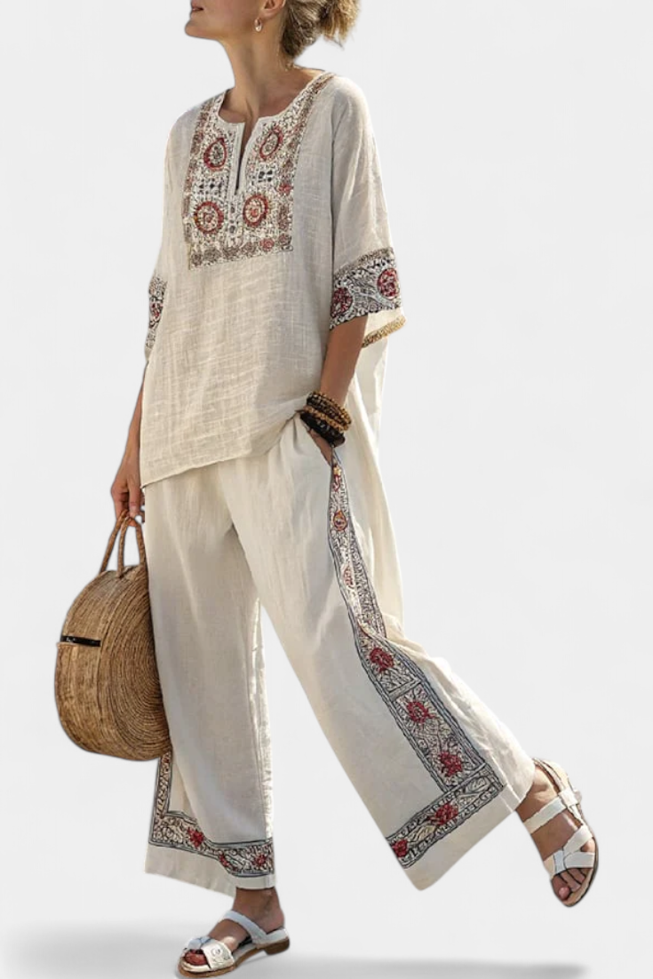 Betty | Sophisticated Embroidered Raw Blouse & Wide Pants