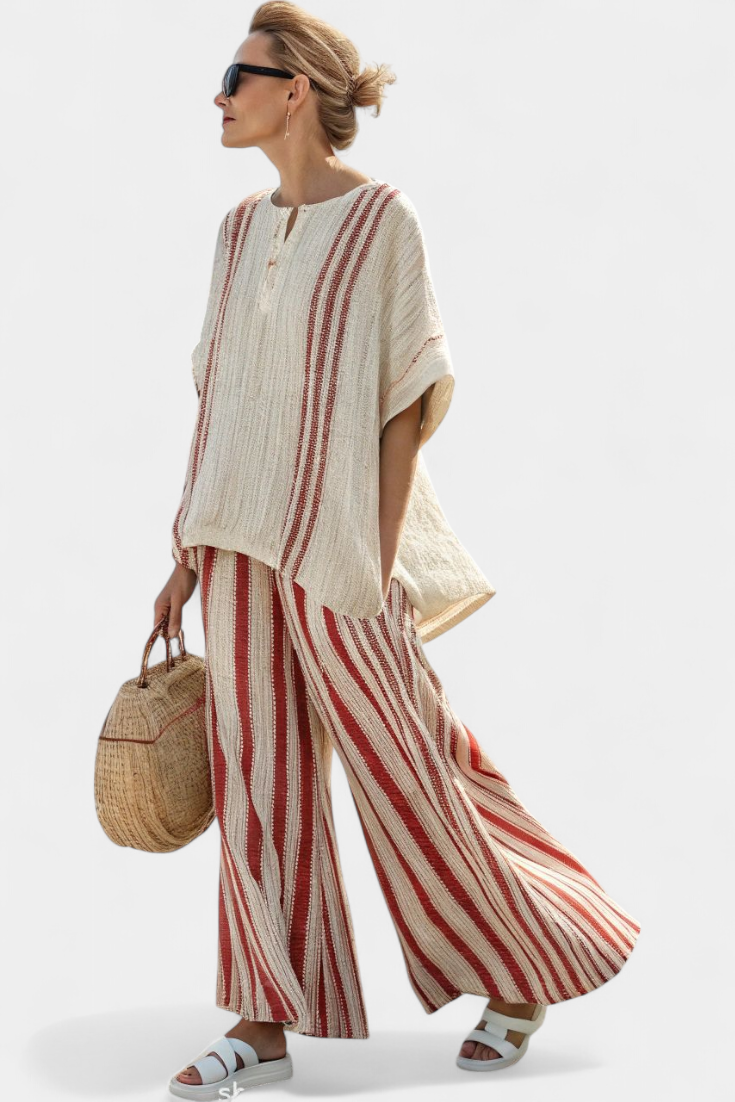 Mirian | Sophisticated Textured Red-Stripe Top & Linen Pants